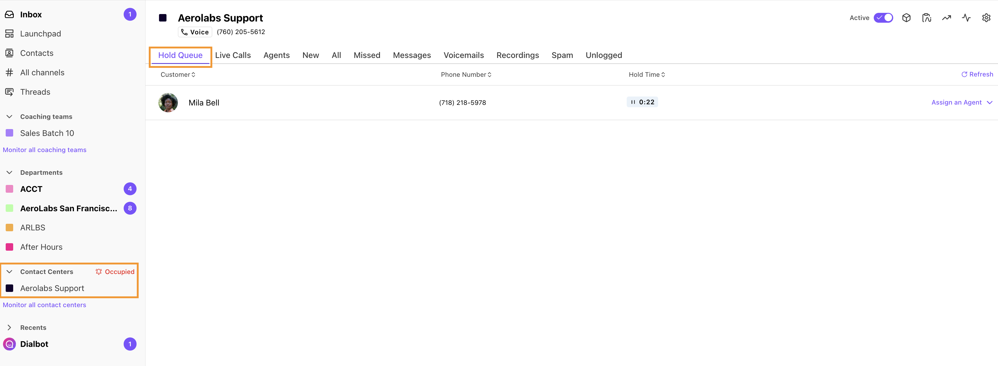 Aerolabs Support interface showing hold queue and contact center details.